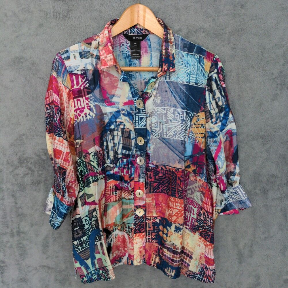 Ali Miles Tunic Size PM Multi Color Abstract Art Geometric Wire Collar Lagenlook
